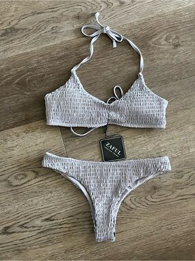 Zaful Light Grey Smocked Ribbed Halter Bikini Set